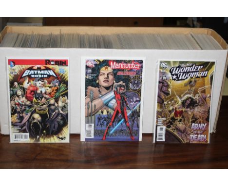 A box of +/- 300 comics, mainly DC comics, titles including "Batman &amp; Robin", "Man Hunter Unleashed" , and "The All New W