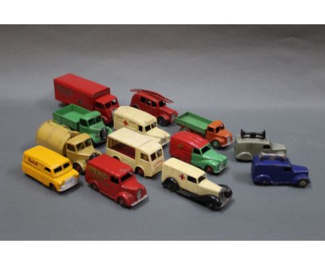 A group lot of Dinky diecast trucks and vans, comprising Slumberland Mattress guy van, 2 loud speaker vans in blue &amp; grey