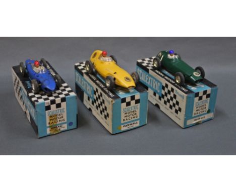 Three boxed Tri-ang Scalextric plastic bodied racing cars, comprising a C.62, C.55 Vanwall, a C.59 BRM, and a C.62 Ferrari wi