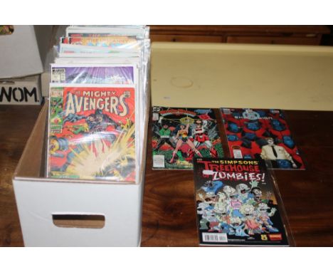 A box of +/- 80 comics, including Marvel comics, DC Comics, and Bongo comics, titles including "The Simpson's Tree House of H