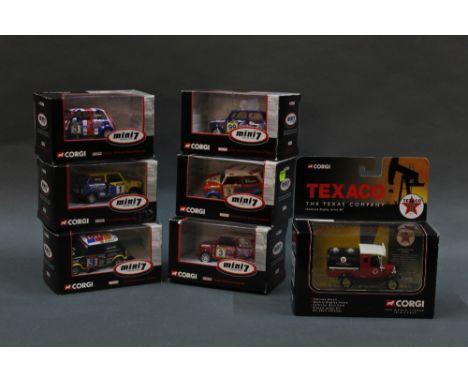 A group of six Corgi Mini 7 Racing Club diecast model minis and a Texaco model T4 tanker. 