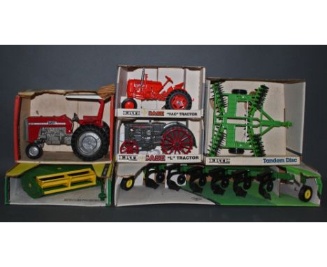 A group of six Ertl 1/16 scale die cast model tractors and farming implements, comprising John Deere mower conditioner, Tande