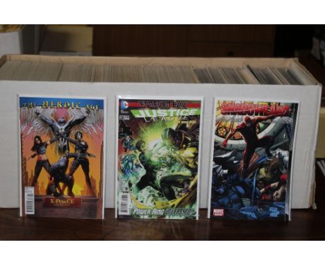 A box of +/- 300 comics, all Marvel comics and DC comics, titles including "X Force, The Heroic Age", "Justice League, Power 