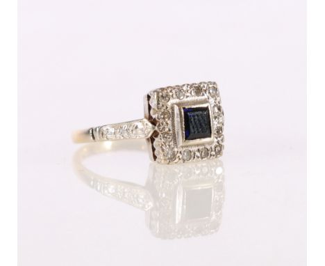 18ct yellow gold sapphire and diamond dress ring in the Art Deco style, stamped 750, maker CPS, size Q, 4.2g. 