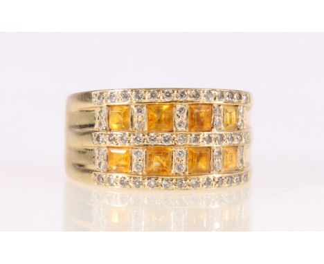 18ct yellow gold yellow sapphire and diamond set grid dress ring, size Q/R, 14.2g. 