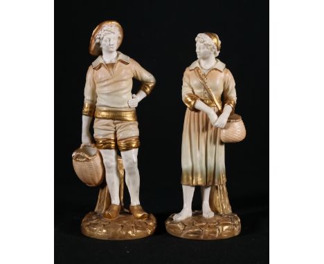 Pair of Royal Worcester figures modelled as a male and female with woven baskets standing on rocky ground, purple mark to bas