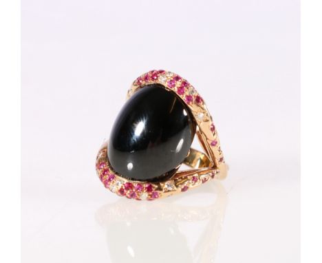 Unhallmarked 18ct yellow gold onyx, ruby and diamond ring, size P, 17.4g 