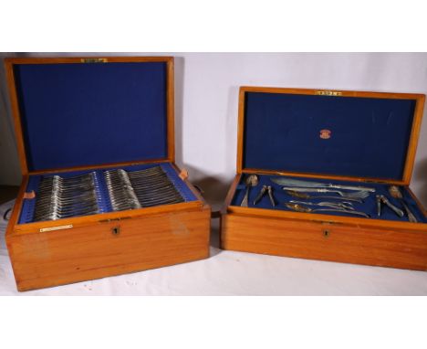 Comprehensive Victorian silver suite of flatware within two oak canteens comprising nutcracks, grape scissors, fish servers, 
