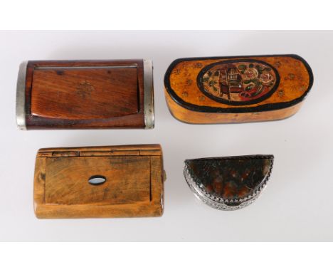 Three treen snuff boxes and an agate set box of demi-lune shape with pierced white metal body. 