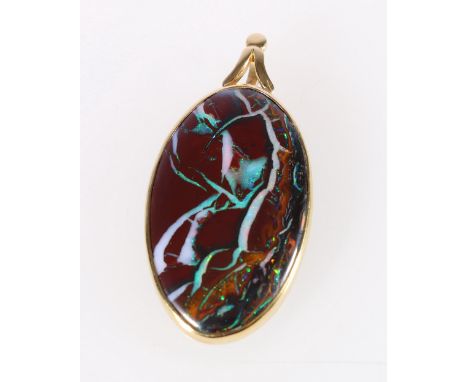 18ct yellow gold mounted boulder opal pendant, 5cm tall, 12.3g gross. 