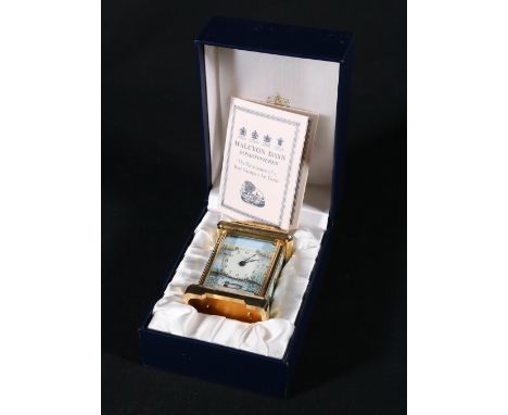 Halcyon Days Enamels miniature carriage clock decorated with river scene, 10cm tall, with box. 
