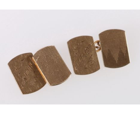 Pair of 9ct yellow gold cufflinks with engine turned decoration and 'Auld Lang Syne', 7.5g. 