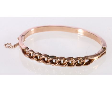9ct rose gold bangle with curb link band, 7.7g. 
