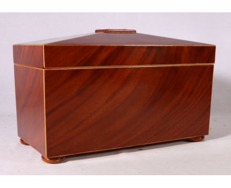 Reproduction mahogany and boxwood strung tea caddy of sarcophagus form with twin division interior and mixing bowl raised on 