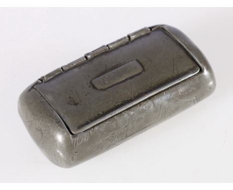 Early lead snuff box of cylindrical barrel shape with hinged cover, 8cm long. 