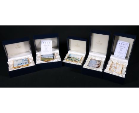 Five Halcyon Days Enamels porcelain trinket boxes including L S Lowry "Yachts" with certificate of authenticity number 159 of