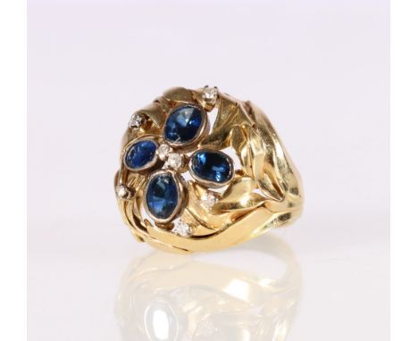 18ct yellow and white gold blue sapphire and diamond set cluster ring, size N, 11.7g. 