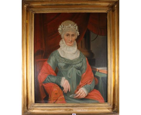 19th Century schoolMrs Smith in her 79th yearUnsigned, oil on canvas, 80cm x 64cmLabel verso "R Willoughby Prinxt 1822" 