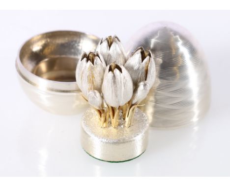 Elizabeth II silver 'surprise' egg containing floral posy in the manner of Stuart Devlin, with makers marks NP for Nicholas P