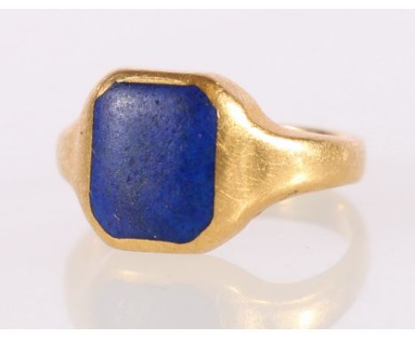 22ct yellow gold signet type ring set with lapis lazuli? stone, size G, 4.1g.CONDITION REPORT:Some surface scratching, back o