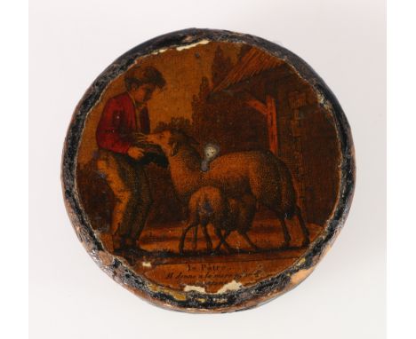 19th century circular snuff box with coloured engraving transfer titled 'Le Patre' to the cover, 8.5cm diameter. 