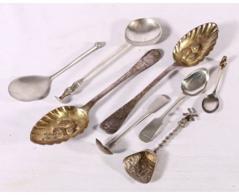Pair of George III silver berry serving spoons, London 1814, a Georgian silver mustard spoon by maker WS London, a silver tea