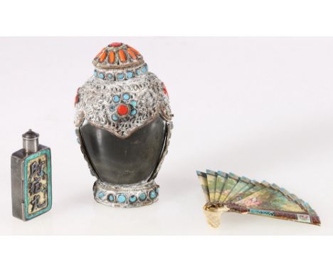 Tibetan horn snuff bottle decorated with coral and aquamarine stones 7.5cm tall, a French painted bone miniature fan and a Ch