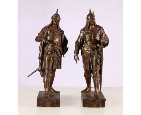 After Emile Louis Picault (1833-1915), a pair of cast bronzed metal warriors, 27cm tall.CONDITION REPORT:Figure 1Bronze worn 