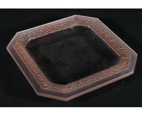 R Lalique frosted and clear glass dish of square shaped with canted corners and "paquarettes" border, 20cm square 