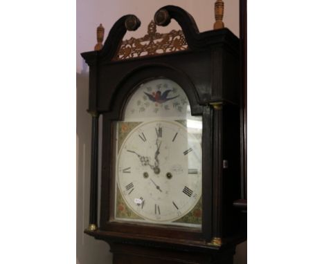 19th century oak cased longcase grandfather clock having arched top dial with painted spandrels, named for George Bell of Jed