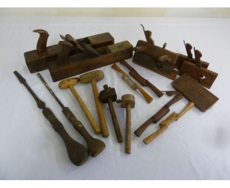 A quantity of vintage wood working tools, to include planes, spoke shaves and mallets  (15)