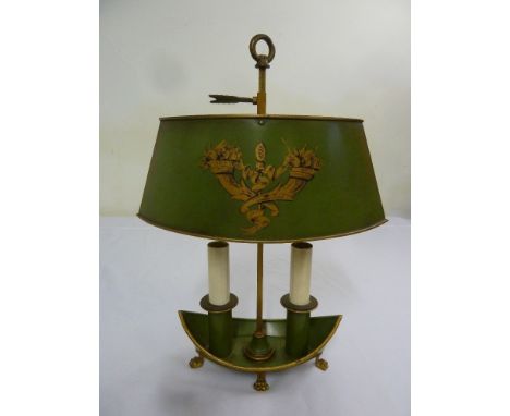 French toile table lamp with central carrying handle on four claw feet