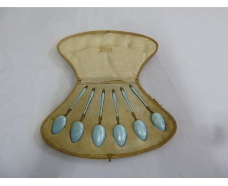 Cased set of silver and enamel coffee spoons, A/F