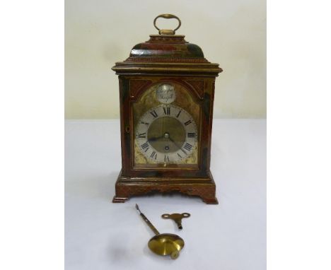 A mid 18th century style English bracket clock, silvered chapter ring, Roman numerals, the case lacqured in the Chinese style