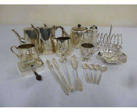 Quantity of silver plate to include a teaset, toast rack, dishes and flatware