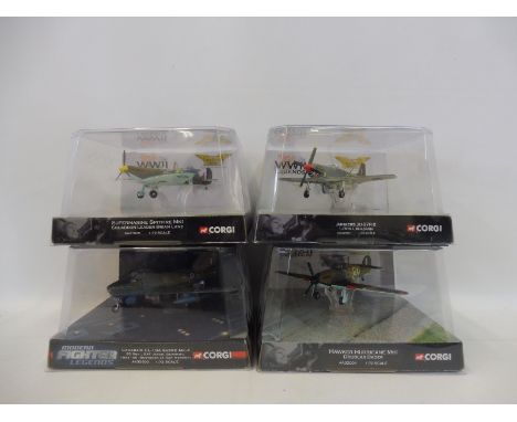 Four Corgi Aviation Archive 1/72 scale WWII Legends: a Hawker Hurricane Mk. I, Douglas Bader, a Supermarine Spitfire Mk. 1, S