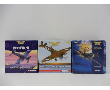 Three Corgi Aviation Archive 1/72 scale models to include a Hawker Hurricane Mk.I, 213 Squadron Night Fighter, a Corsair Roya