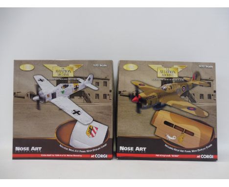 Two boxed Corgi Aviation Archive 1/72 scale models: P40 Kitty Hawk Nose Art panel and a Fokker Wulf Lt. Walter Nowotmy Nose A