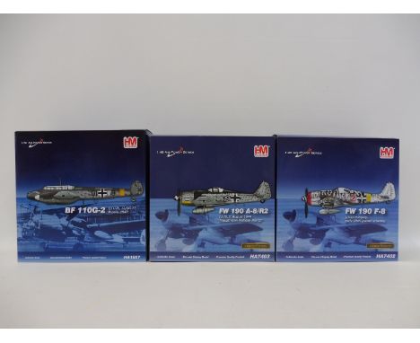 Three HM Hobbymaster Air Power Series models, one 1/72 scale: A BF110G2 Russia 1943 and two 1/48 scale models: F1190 Hungary 