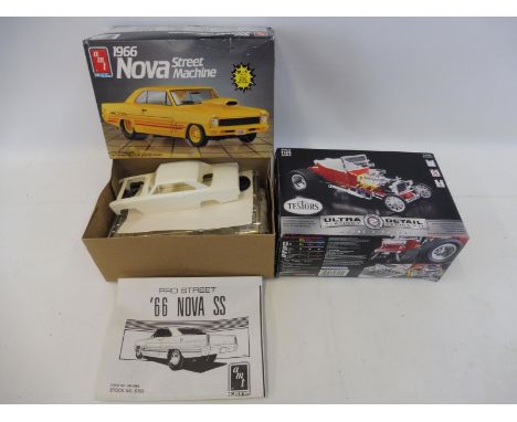 A boxed AMT ERTL 1966 Nova Street Machine 1/25 scale kit plus a 1/24 scale Ultra Detail kit of a Model T Bucket by Testors.