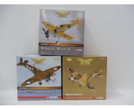 Three Corgi Aviation Archive 1/72 scale models to include an F1 109A Tunisia 1943, A Supermarine Spitfire FVIII Flight Lt. Ed