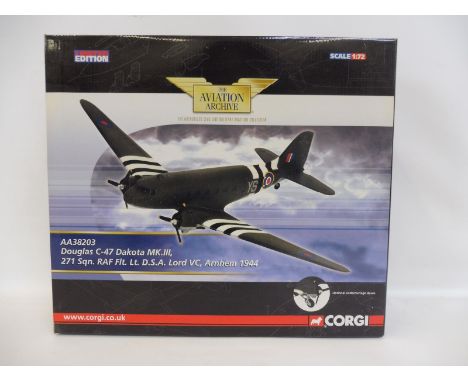 A boxed Corgi Aviation Archive 1/72 scale limited edition Douglas C47 Dakota, Arnhem 1944, appearing in excellent condition.