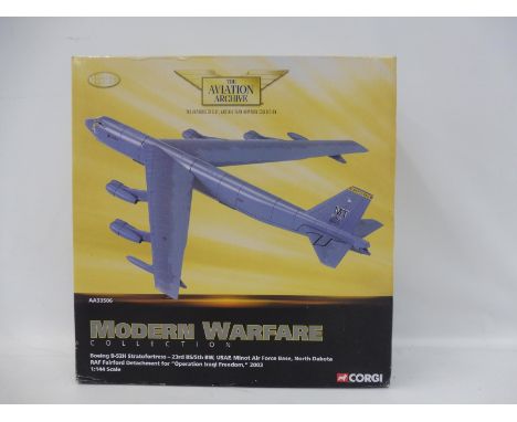 A boxed Corgi Aviation Archive 1/44 scale, Boeing 52H Stratofortress, Iraq Freedom 2003, appears in excellent condition, some