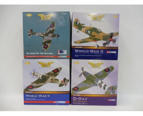 Four Corgi Aviation Archive 1/72 scale models to include a D-Day 60th Anniversary  Hawker Hurricane, a Spitfire Mk. VB Wing C