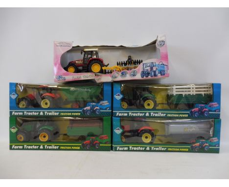 Five large scale Majorette tractors and trailers. 