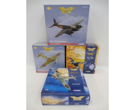 Four Corgi Aviation Archive 1/72 scale 'Flying Aces' models to include Super Marine Spitfire Mk. VB and Supermarine Spitfire 