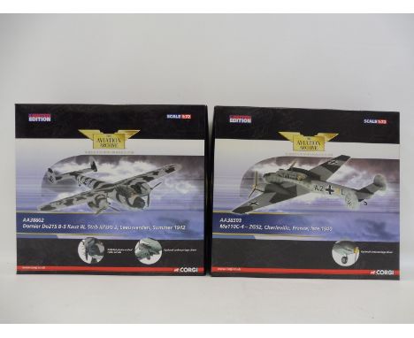 Two Corgi Aviation Archive limited edition 1/72 scale models, a ME110C and a Dornier DO215, appears in excellent condition.