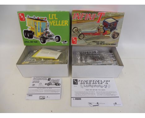 Two boxed AMT scale model kits, one for Infini-T, a longnose coupe dragster, the other 'Li'l Yeller' a school bus hot rod.