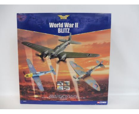 A large Corgi Aviation Archive 1/72 scale WWII Blitz, Heinkell HE111 Messerschmitt ME 109E and a Supermarine Spitfire Mk.I, 6