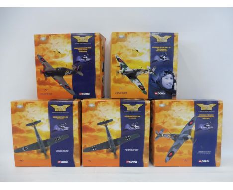 Five boxed Corgi Aviation Archive 1/72 scale Flying Aces models to include a Messerschmitt 109, Werner Molders, a Supermarine